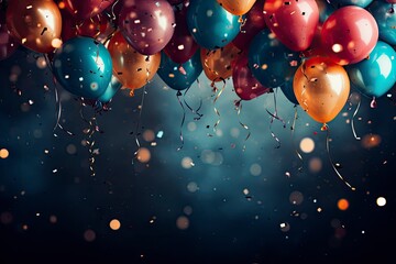 Celebrate festive background with colored balloons and gold sparkles confetti. Dark blue background.