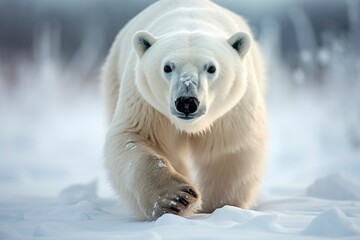 Magnificent Male Polar Bear waking toward the camera with snow background