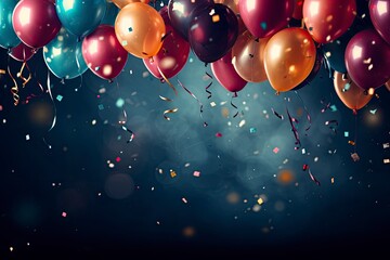 Celebrate festive background with colored balloons and gold sparkles confetti. Dark blue background. - obrazy, fototapety, plakaty
