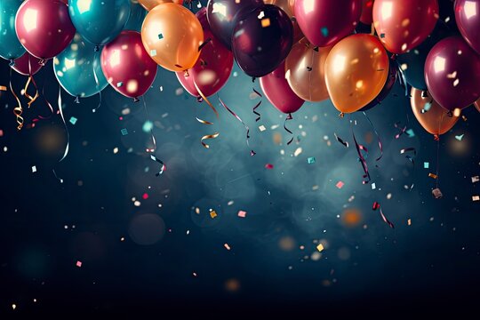 Celebrate festive background with colored balloons and gold sparkles confetti. Dark blue background.