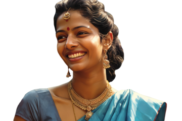Closeup Portrait of Happy Indian Woman Wearing Gold Jewellery and Blue Saree. Generative AI.
