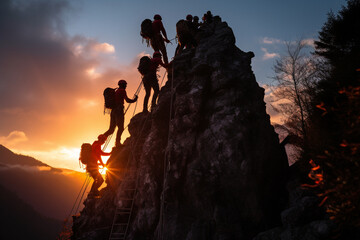 Fototapeta premium group of climbers working together to ascend a sheer rock face, highlighting teamwork and trust in the sport of rock climbing