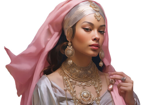 Beautiful Young Woman Portrait with Trendy Jewellery in Oriental Wedding Gown with Pink Silk Veil. Generative AI.