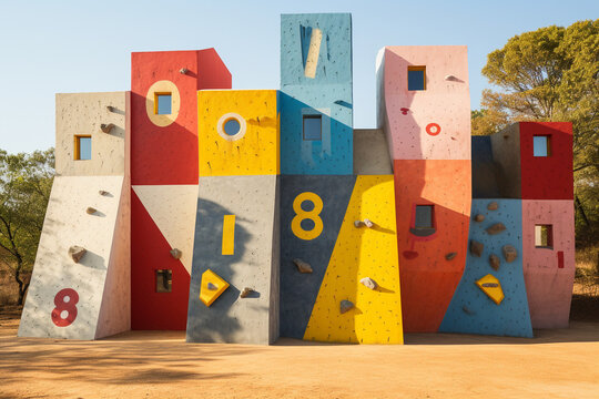 variety of climbing routes marked with colored holds on an outdoor climbing wall, illustrating the diversity of challenges available for climbers