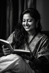 A Fictional Character Created By Generative AI.A woman in a tan shawl is reading a book and smiling, enjoying her time