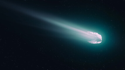 Glowing comet in space. Observation of celestial bodies. Astronomical photography of a comet's tail against a background of stars. © Nazarii
