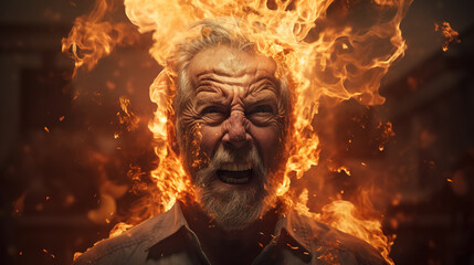 An older man with flames around his head, conveying a sense of danger and urgency.