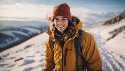 Winter hike on snowy mountain young girl orange shirt wool hat cheerful happy hiker climbs the top. natural landscape. Winter journey. - obrazy, fototapety, plakaty
