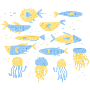 Set of Sea Creatures with Hand Drawn Marker Style