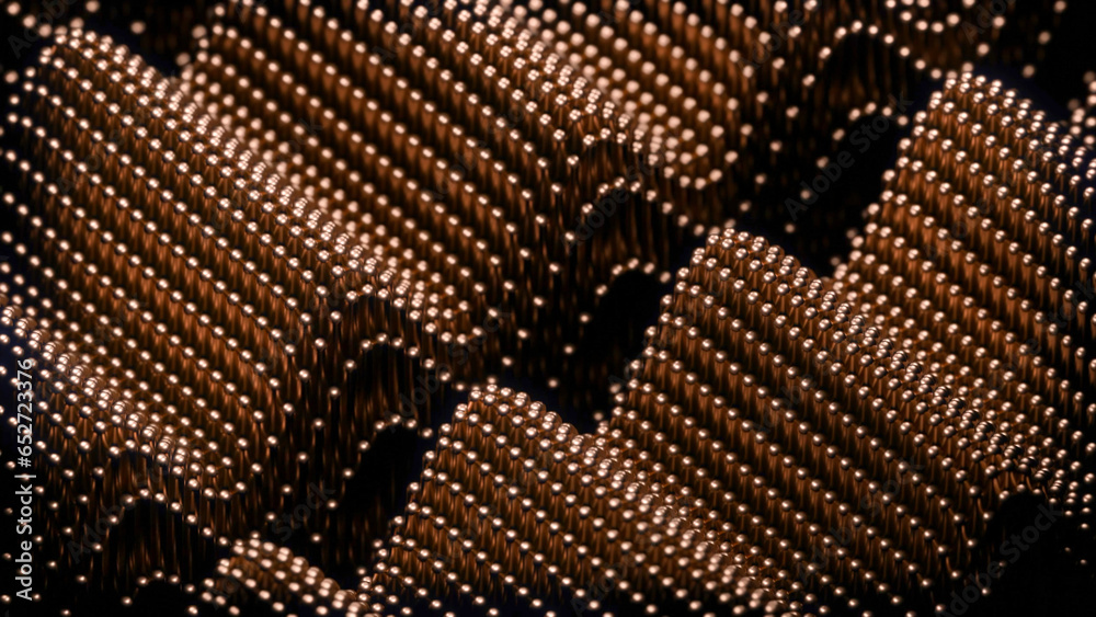 Poster 3d dots move with wave structure. design. 3d space with moving metal dots and colored waves. colored