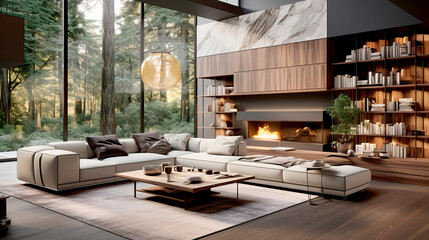 Luxury modern large spacious living room with plants, flooded with sunlight,