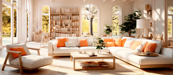 Luxury modern large spacious living room with autumn decor, plants, flooded with sunlight,