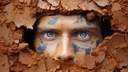 Man with dirt on his face peeking out of a hole in the ground, displaying trapped emotions.