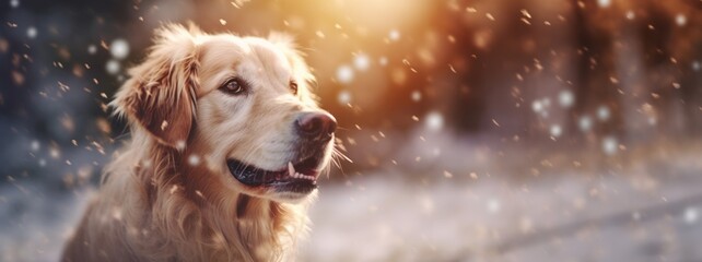 Dog during snowfall with blurred background with copy space