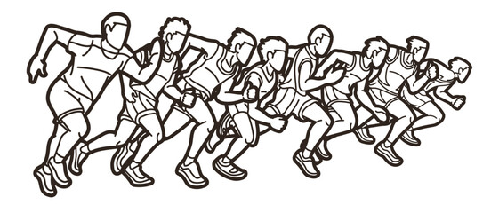 Fototapeta na wymiar Group of People Running Together Men Runner Mix Action Cartoon Sport Graphic Vector