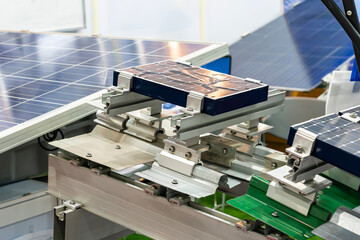 Sample solar cell panels or photovoltaic module installation on  aluminum mounting device of  metal...
