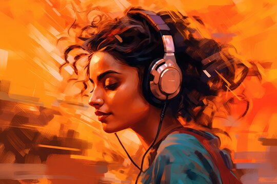 A Fictional Character Created By Generative AI.woman with curly hair wearing headphones