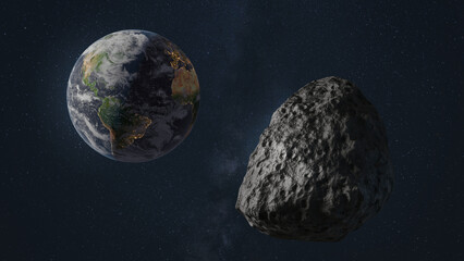 Asteroid 99942 Apophis in space, flyby planet, 3d rendering concept illustration. Near Earth asteroids, potentially hazardous.