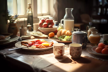 Fototapeta na wymiar Morning Delight: Sumptuous Breakfast Spread on Kitchen Table