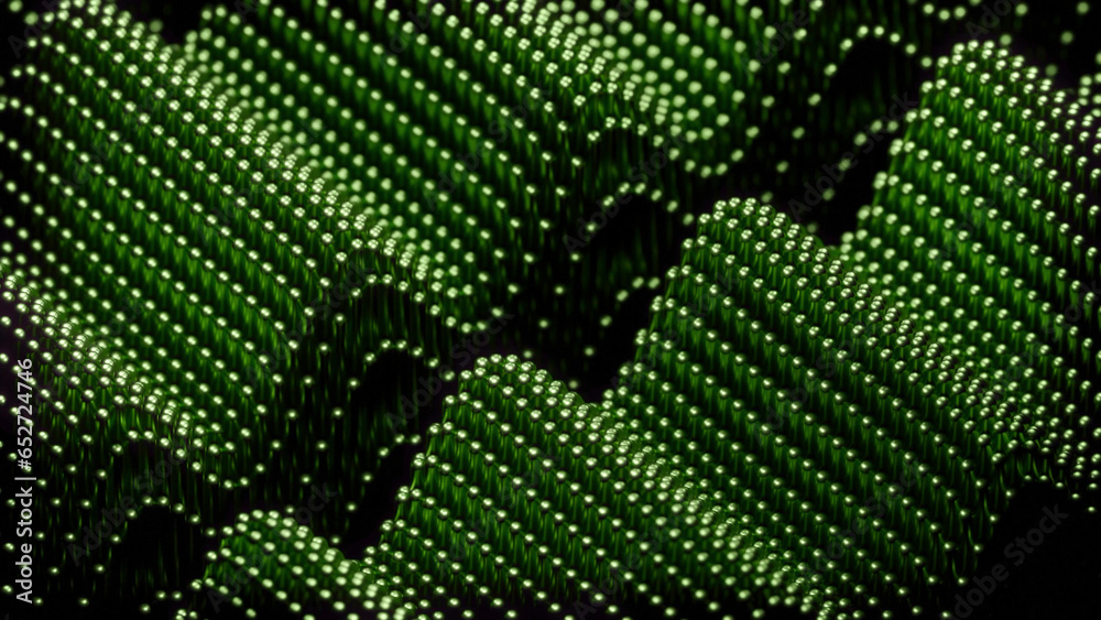 Poster 3d dots move with wave structure. design. 3d space with moving metal dots and colored waves. colored