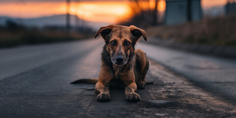 Lonely abandoned dog on a desolate road