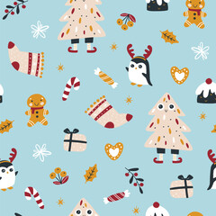 Fototapeta premium Christmas sweets and penguin with deer horns, funny Christmas tree vector seamless pattern. Gingerbread man, pudding and candies. Hand-drawn childish doodle illustration in simple Scandinavian style.
