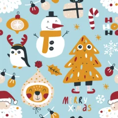 Fotobehang Christmas funny seamless pattern with traditional symbols and decorative elements. Vector hand-drawn doodle in simple scandinavian cartoon style. limited palette for printing textiles, wrapping paper. © Світлана Харчук