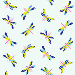Seamless trendy pattern with dragonfly. Cartoon vector illustration for prints, clothing, packaging and postcards.