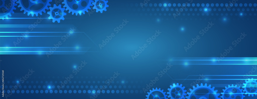 Poster Cogwheel for science experiment presentation. Futuristic high-tech motion design. Business and industry internet banner. The mechanism consisting of gears on a blue background for the presentation.