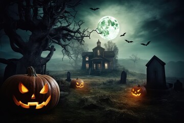 Fototapeta premium Halloween pumpkins near old abandoned house with bats. Generative AI