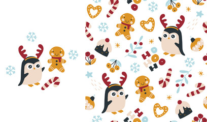 Christmas sweets and penguin with deer horns vector set print and seamless pattern. Gingerbread man, pudding and candies. Hand-drawn childish doodle illustration in simple Scandinavian style.