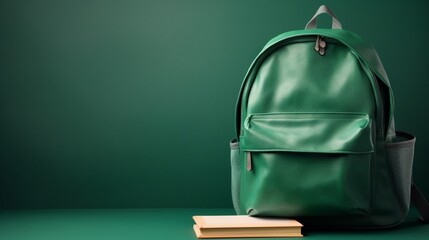 school bag with a green background or copy space text. Generative in ai