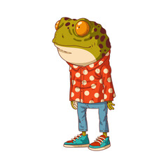 Frog man, isolated vector illustration. Cartoon image of a toad wearing a polka dot shirt. A painted sticker with an image of an animal. Anthropomorphic frog on a white background. Animal character.