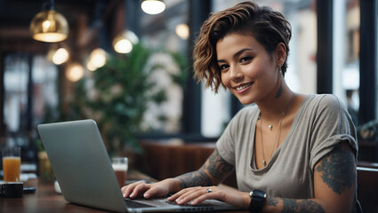 Young woman short hair working on laptop in cafe. Smiling and look at camera, Girl with tattoo, designer freelancer or student work on computer laptop at table. - obrazy, fototapety, plakaty
