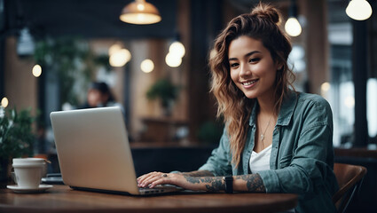 Young woman working on laptop in cafe. smiling and look at camera. Girl with tattoo, designer freelancer or student work on computer laptop at table - obrazy, fototapety, plakaty