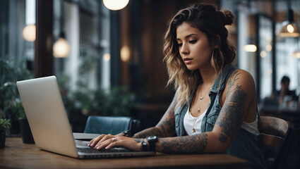 Young woman working on laptop in cafe. smiling and look at camera. Girl with tattoo, designer freelancer or student work on computer laptop at table - obrazy, fototapety, plakaty