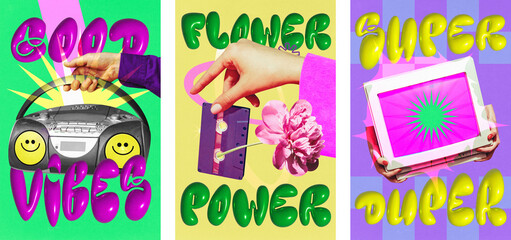 Poster. Contemporary art, collage made of images with retro digital things. Good vibes. Flower power. Super duper.