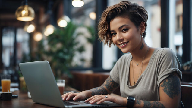 Young woman short hair working on laptop in cafe. Smiling and look at camera, Girl with tattoo, designer freelancer or student work on computer laptop at table.