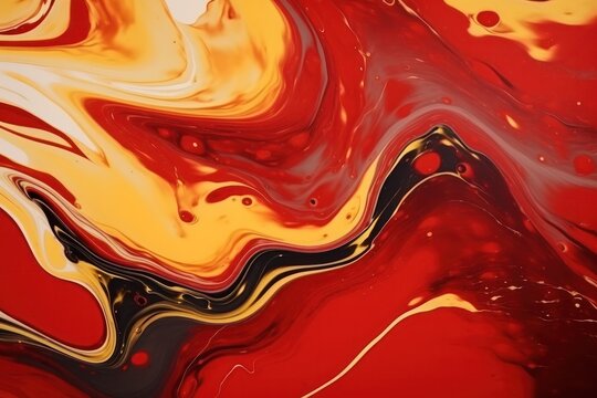 Abstract liquid background of red and golden paints. Christmas background wavy surface