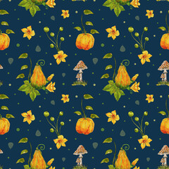 Watercolor autumn pattern with pumpkins and mushrooms. Pumpkin flowers, leaves and twigs on dark blue background.