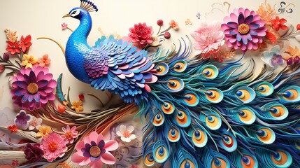 Naklejka premium feather on the wall. luxury leather base combines bright colorful peacock floral with 3D. Generative in ai