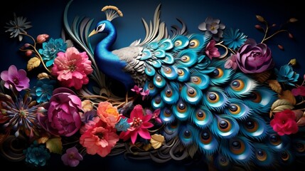 feather on the wall. luxury leather base combines bright colorful peacock floral with 3D. Generative in ai