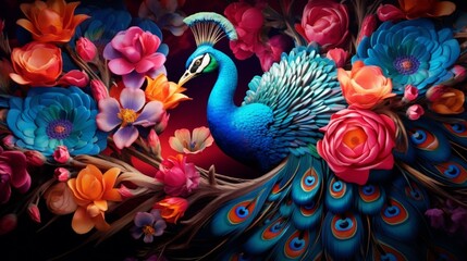 feather on the wall. luxury leather base combines bright colorful peacock floral with 3D. Generative in ai