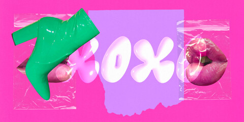 Poster. Contemporary art collage. XOXO. Female lips and green high-heel shoes over painted colorful background with transparent inscription.