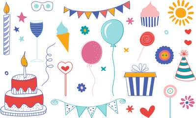 set of birthday elements on a white background, vector