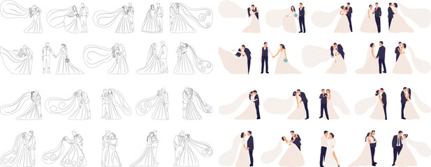 Fototapeta na wymiar set of sketches of the bride and groom on a white background, vector