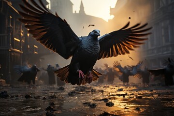 Flock of pigeons taking off from a city square, Generative AI - obrazy, fototapety, plakaty