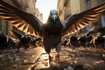Flock of pigeons taking off from a city square, Generative AI - obrazy, fototapety, plakaty