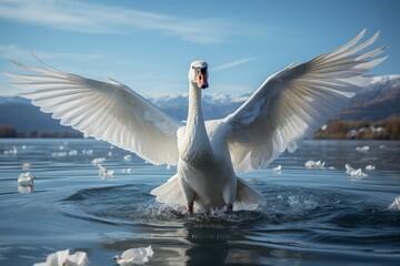  Graceful swan gliding above a tranquil lake, Generative AI - obrazy, fototapety, plakaty