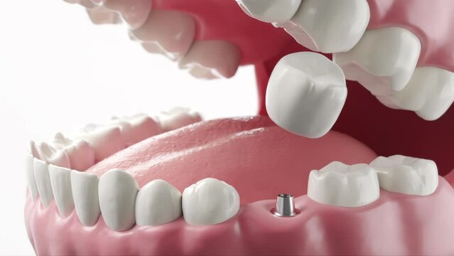 Closeup white tooth and gum with Dental implant , Human Teeth for Medical Concept, 3d Animation.